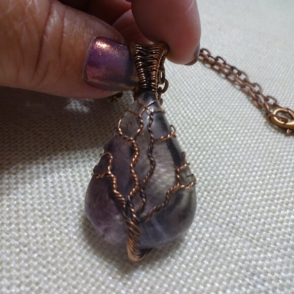 Rustic FLUORITE Handmade COPPER WIRE-WRAPPED TREE Pendant/Chain #236C - Picture 2 of 3